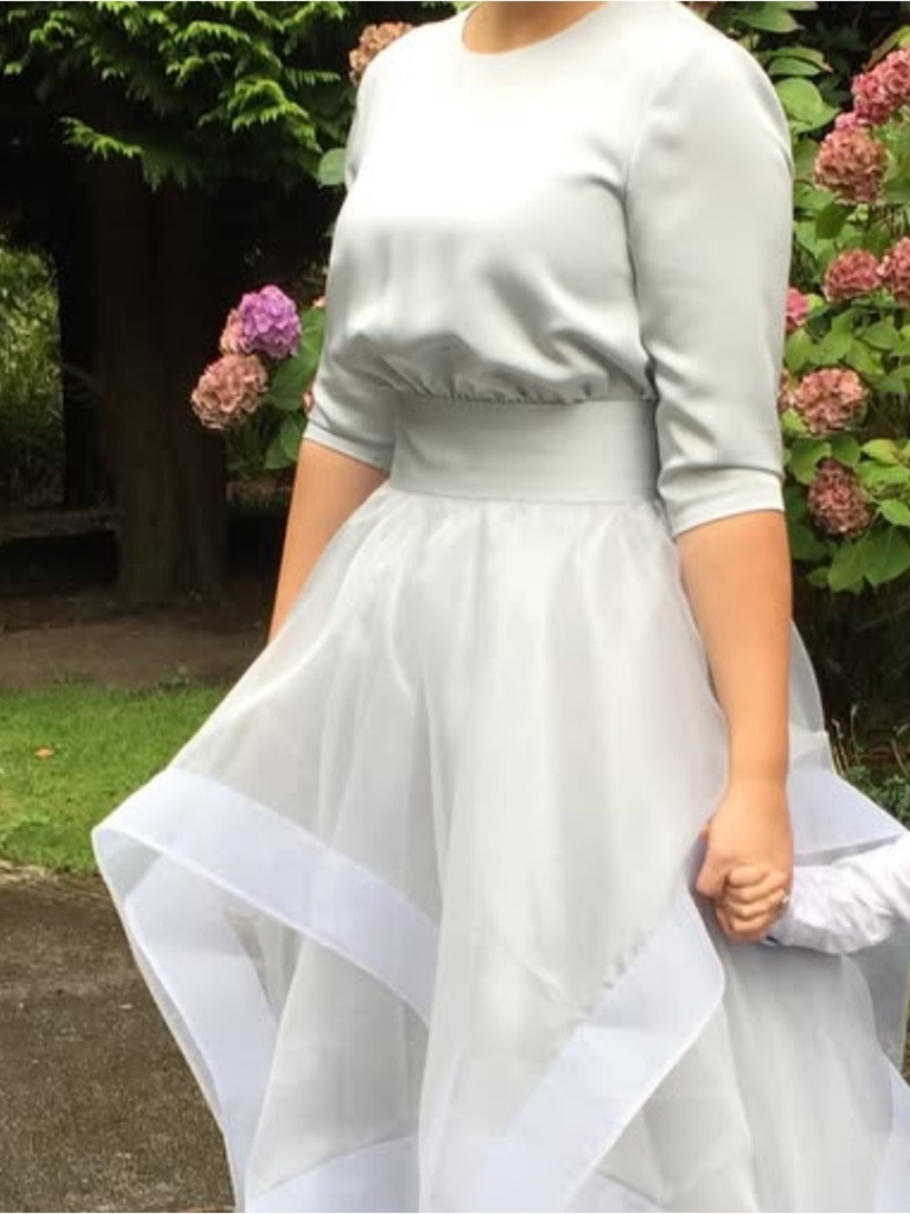 Women's Silver Organza Prom Dress with Fitted Bodice